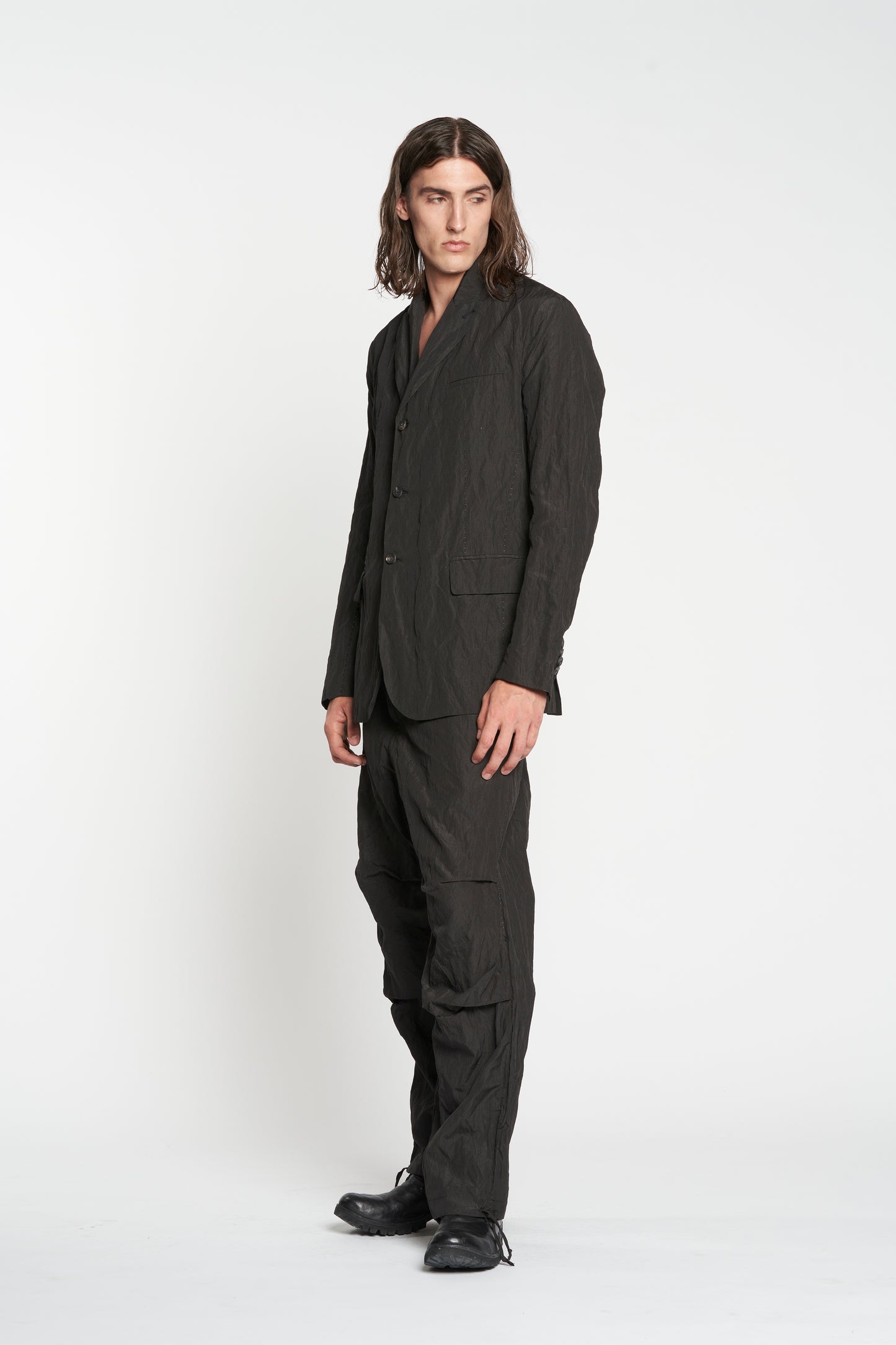 Black Fine Stripe Crumpled Cotton Metal 3 Button Soft Blazer