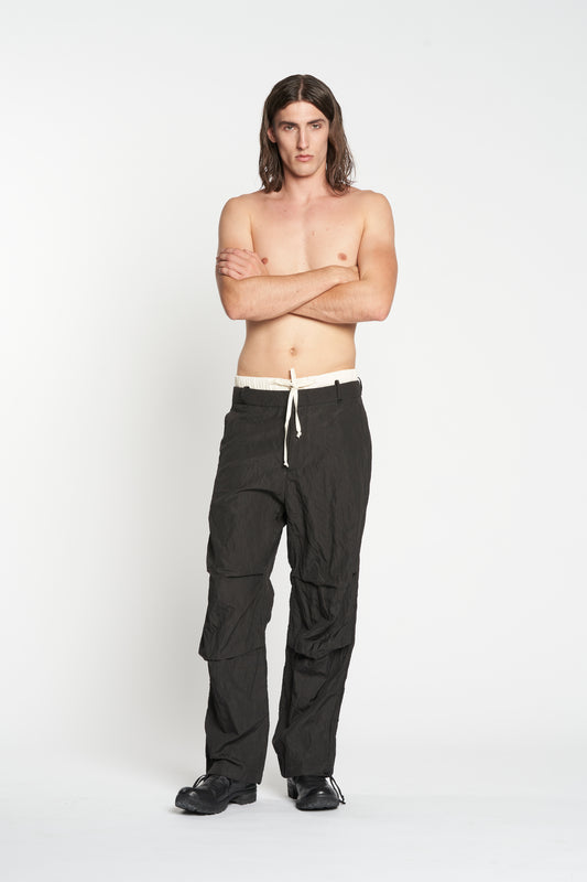 Black Fine Stripe Crumpled Cotton Metal Wide Leg Pants