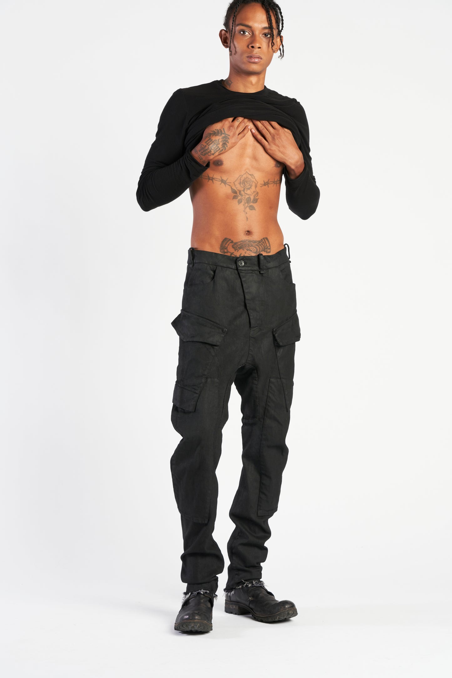 BLACK OVERDYED BAGGY KNEE PATCH JEANS M3762
