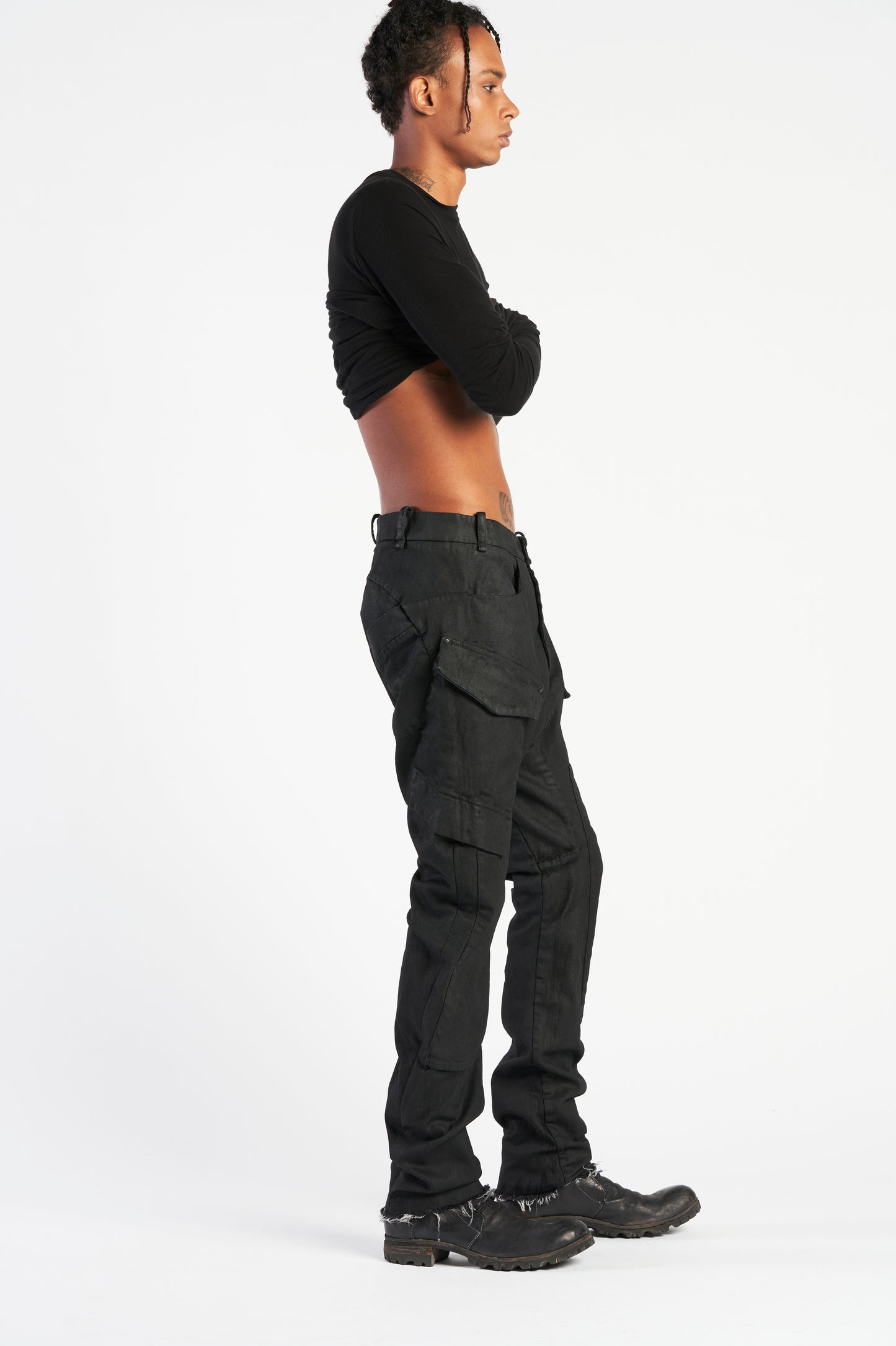 BLACK OVERDYED BAGGY KNEE PATCH JEANS M3762