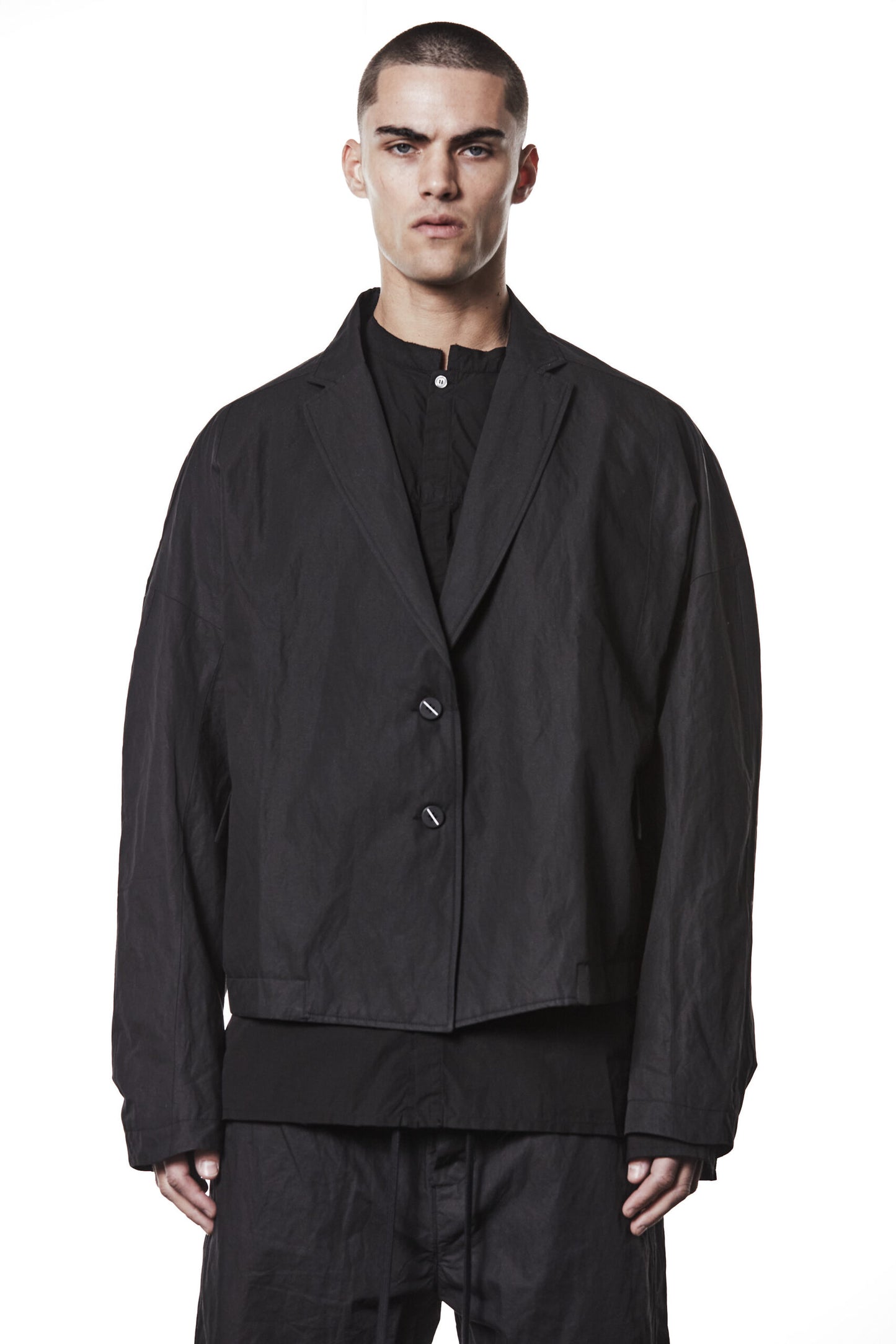 Black Oversized Cropped Cotton Metallised Jacket MB 57