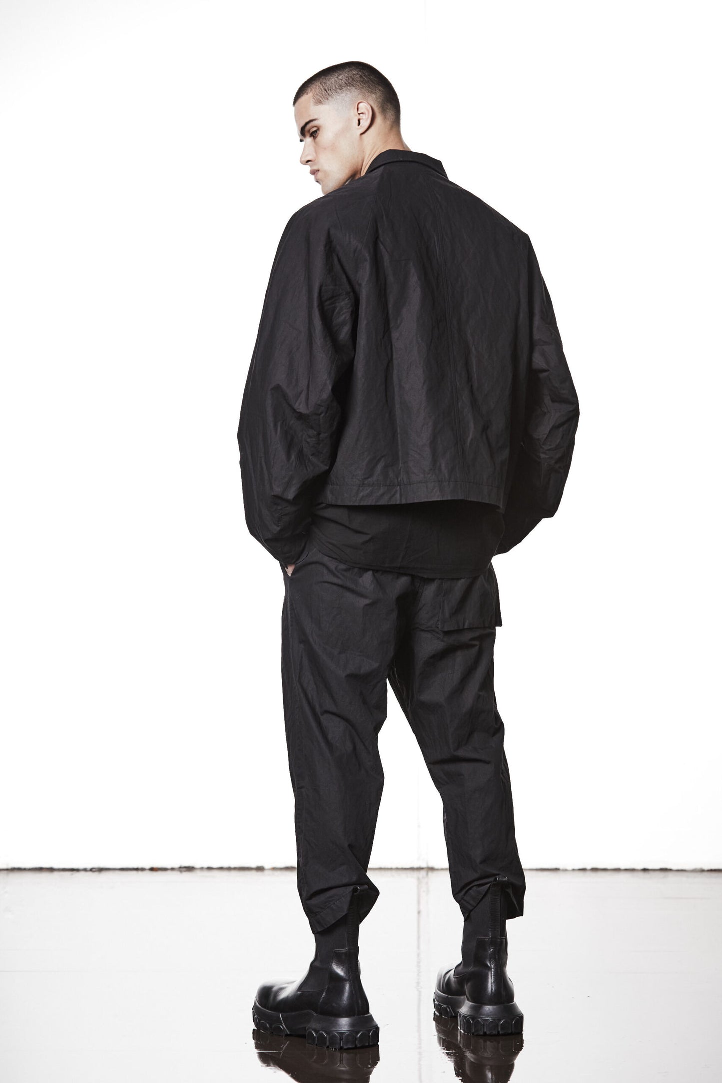 Black Oversized Cropped Cotton Metallised Jacket MB 57