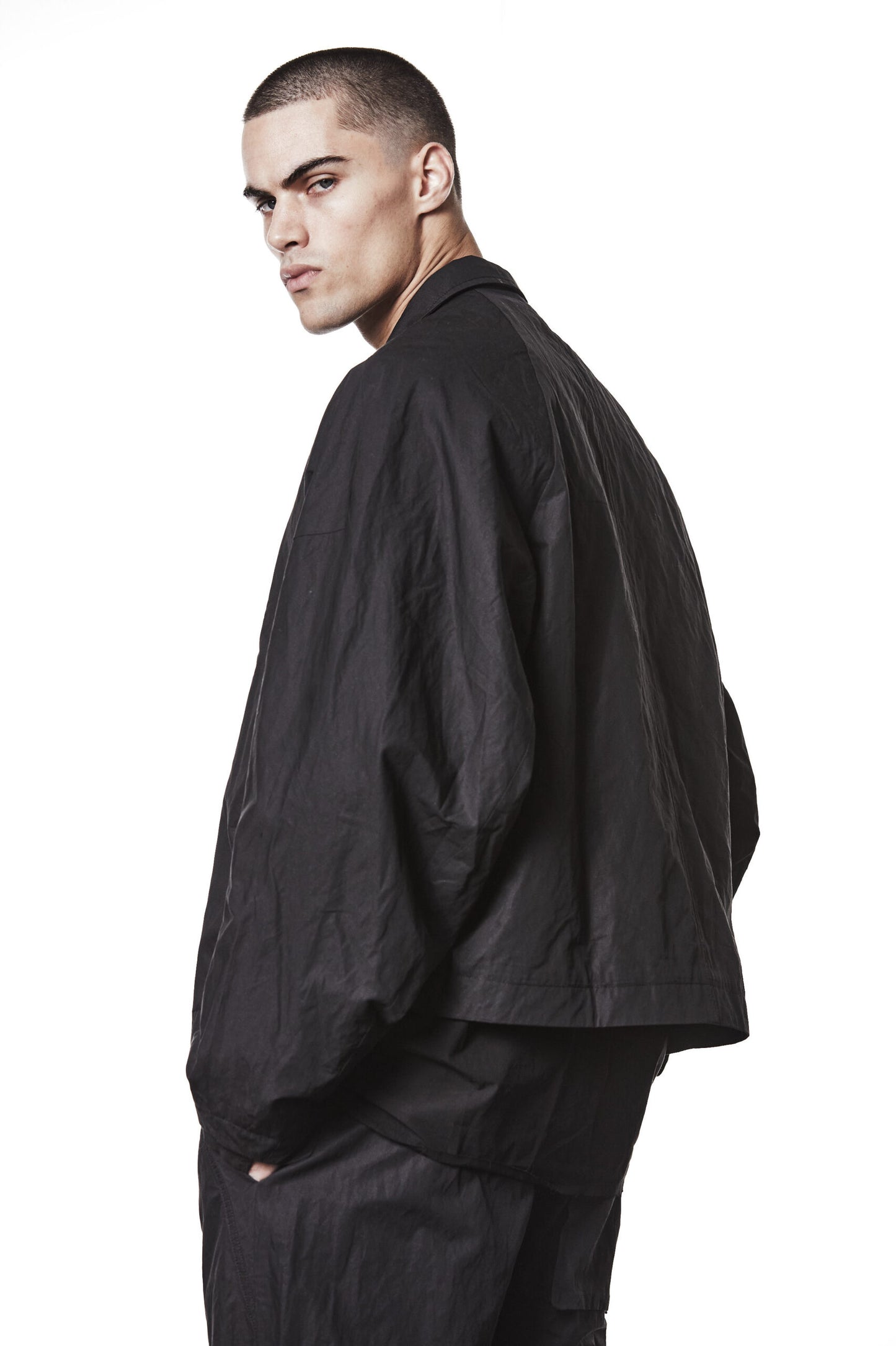 Black Oversized Cropped Cotton Metallised Jacket MB 57