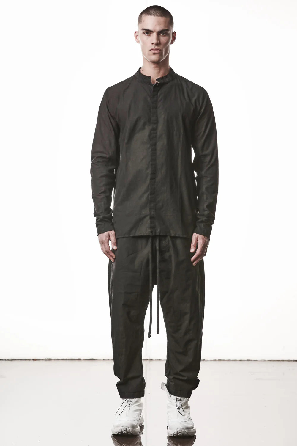 Black Stand-up Collar Washed Cotton Shirt MH 178