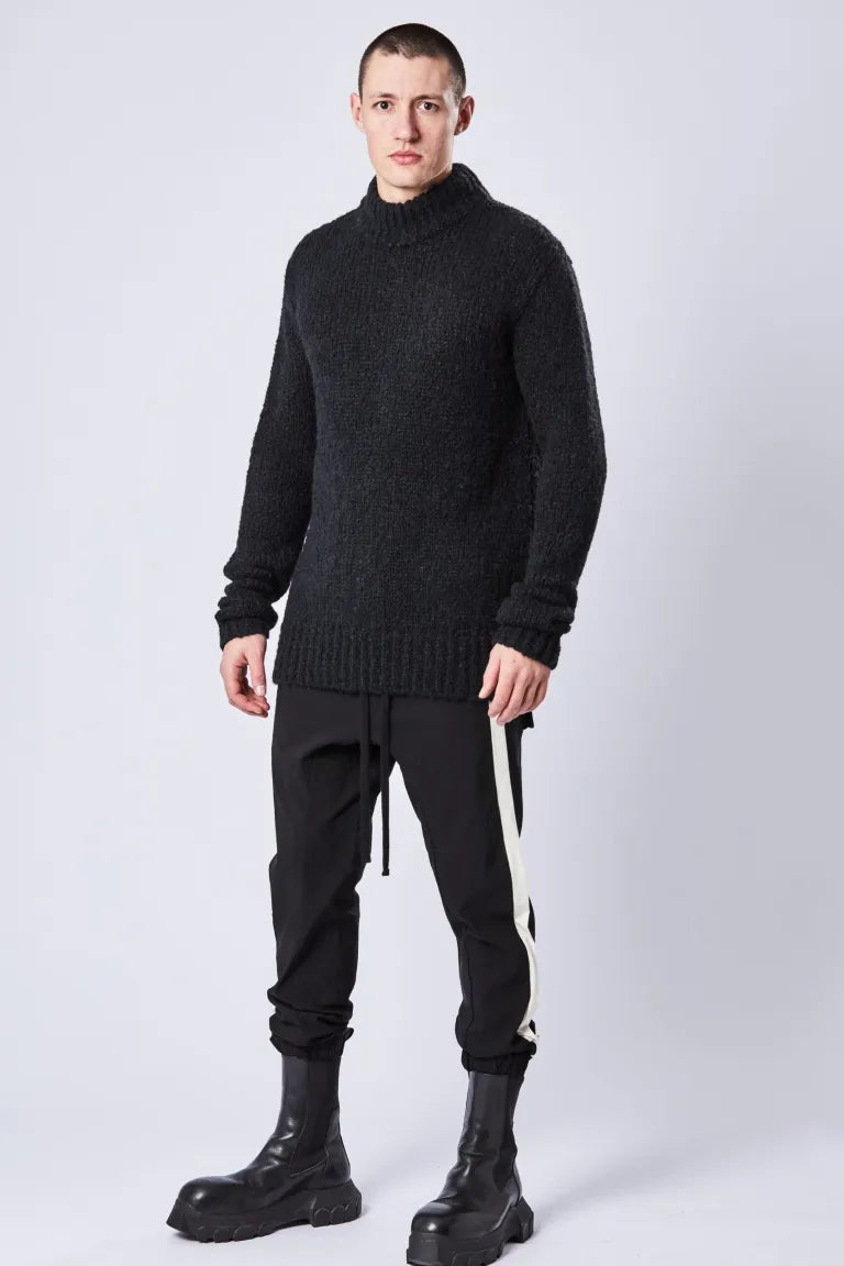 Black High Collar Hand-stitched Alpaca Wool Sweater MK 109