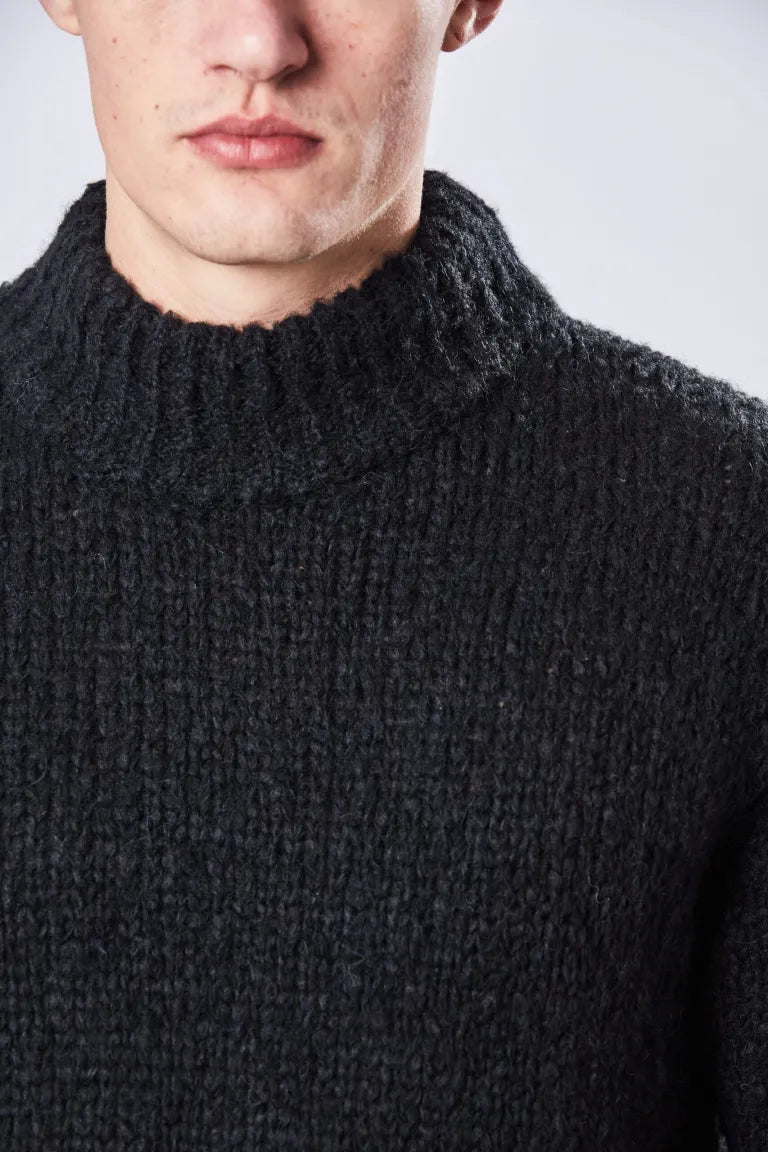 Black High Collar Hand-stitched Alpaca Wool Sweater MK 109