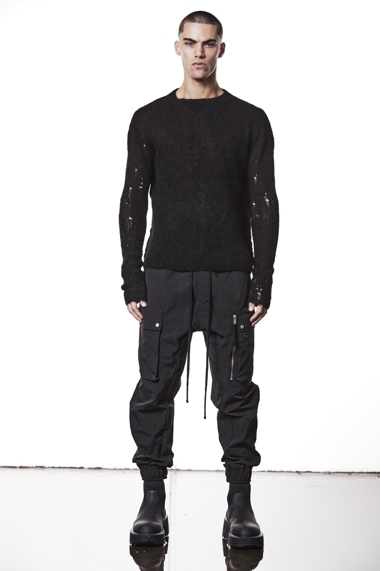 Black Destroyed Sleeves Crew Neck Sweater MK 122
