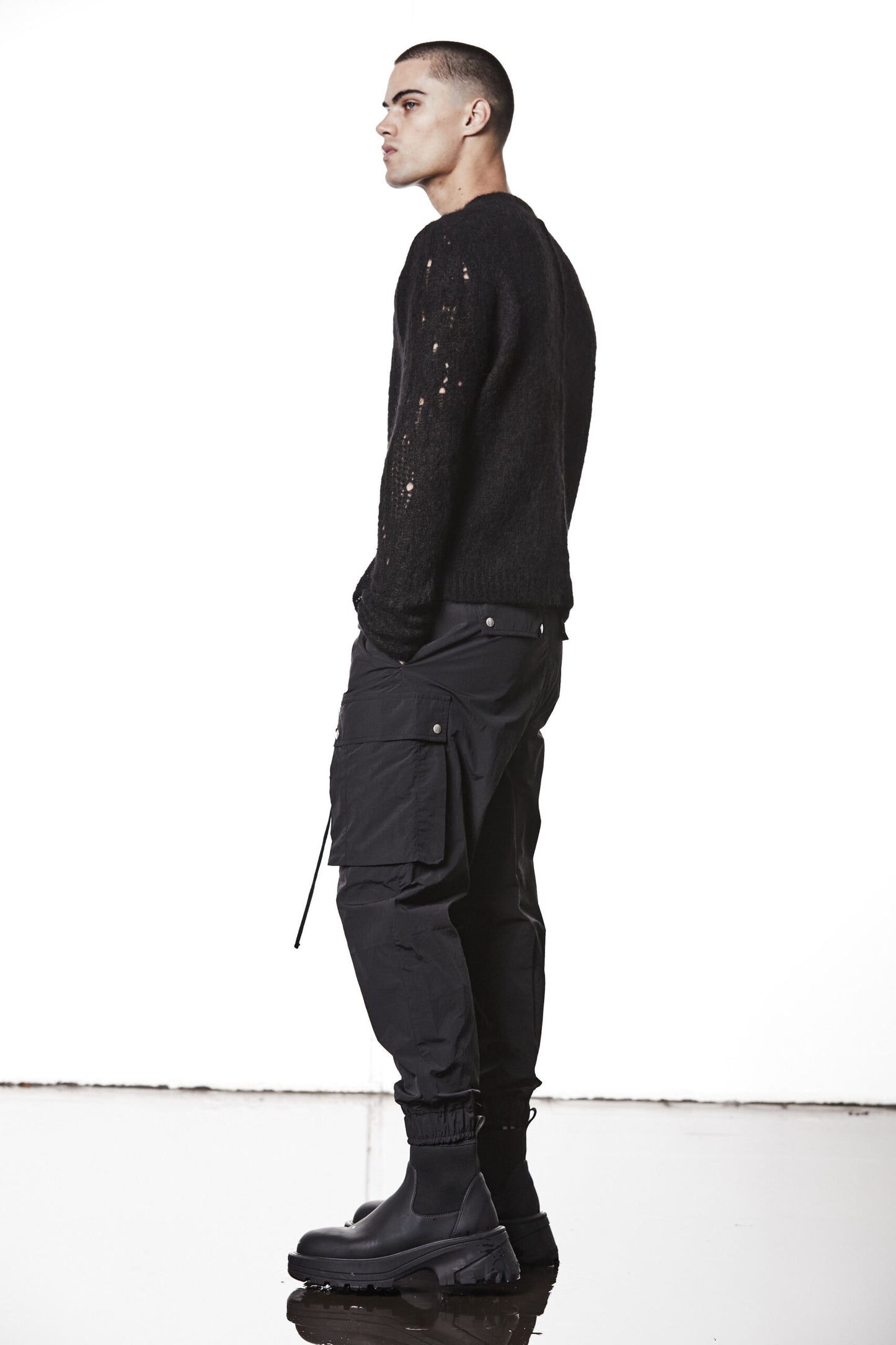 Black Destroyed Sleeves Crew Neck Sweater MK 122