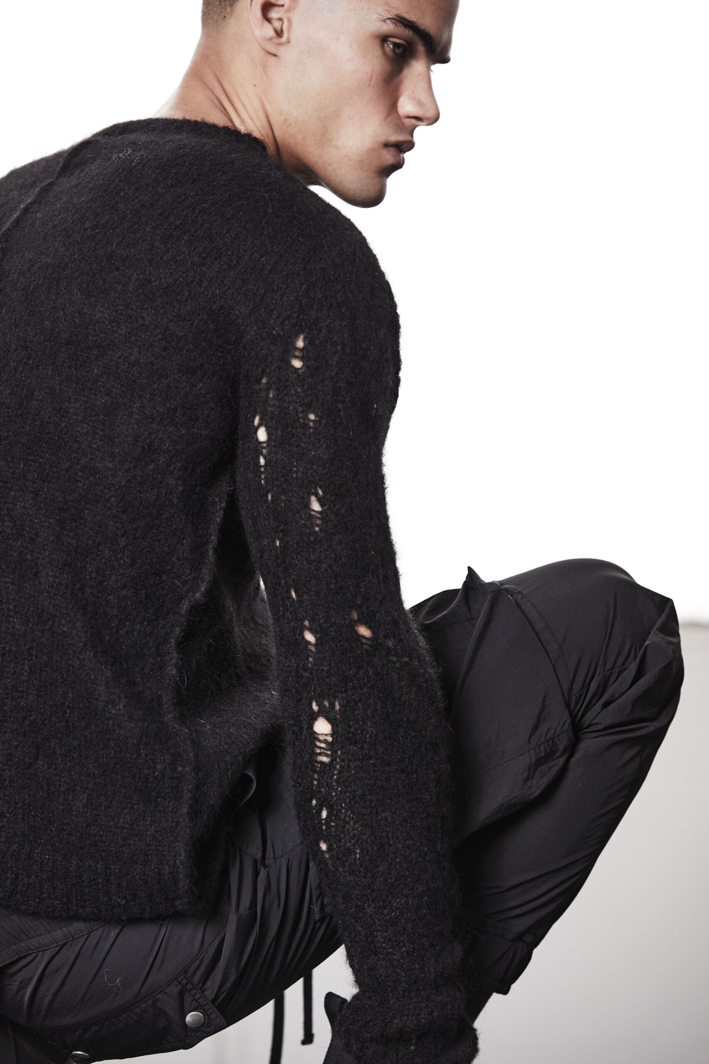 Black Destroyed Sleeves Crew Neck Sweater MK 122