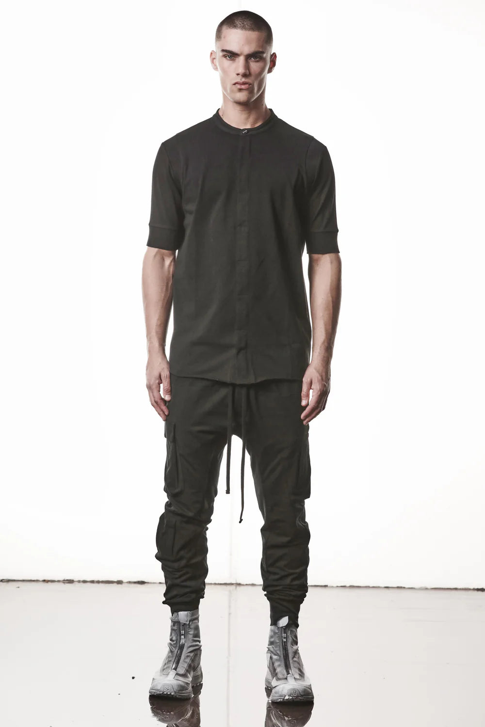 Black Stand-up Collar Cotton Jersey Short Sleeve T-Shirt MTS 951