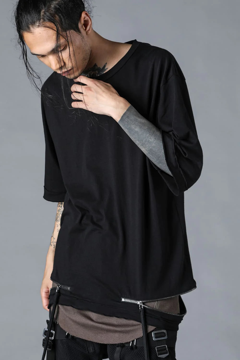 Black Soft Cotton Jersey Zip-Open T-Shirt