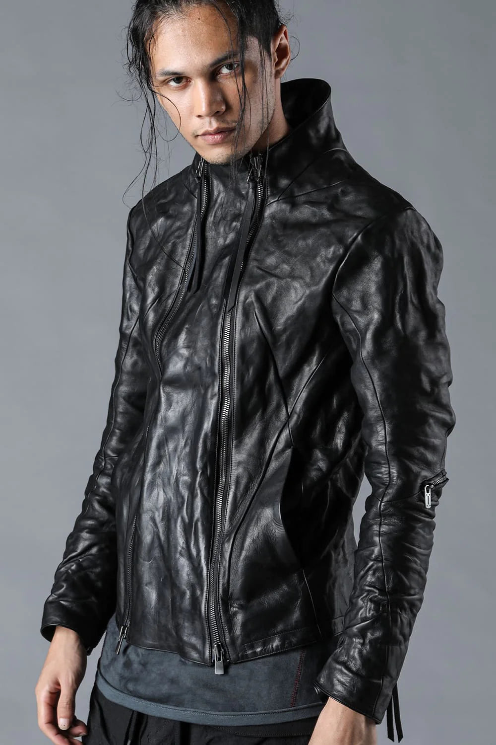 Black Front Double Zipper Horse Leather Jacket