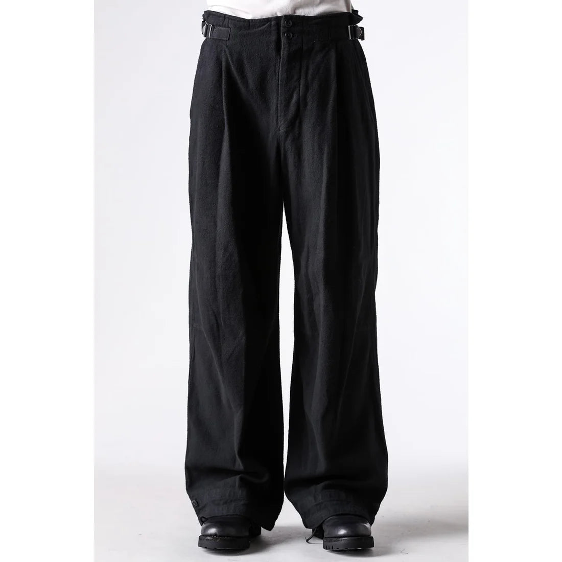 Black Brushed Cotton Twill Wide Leg Trousers