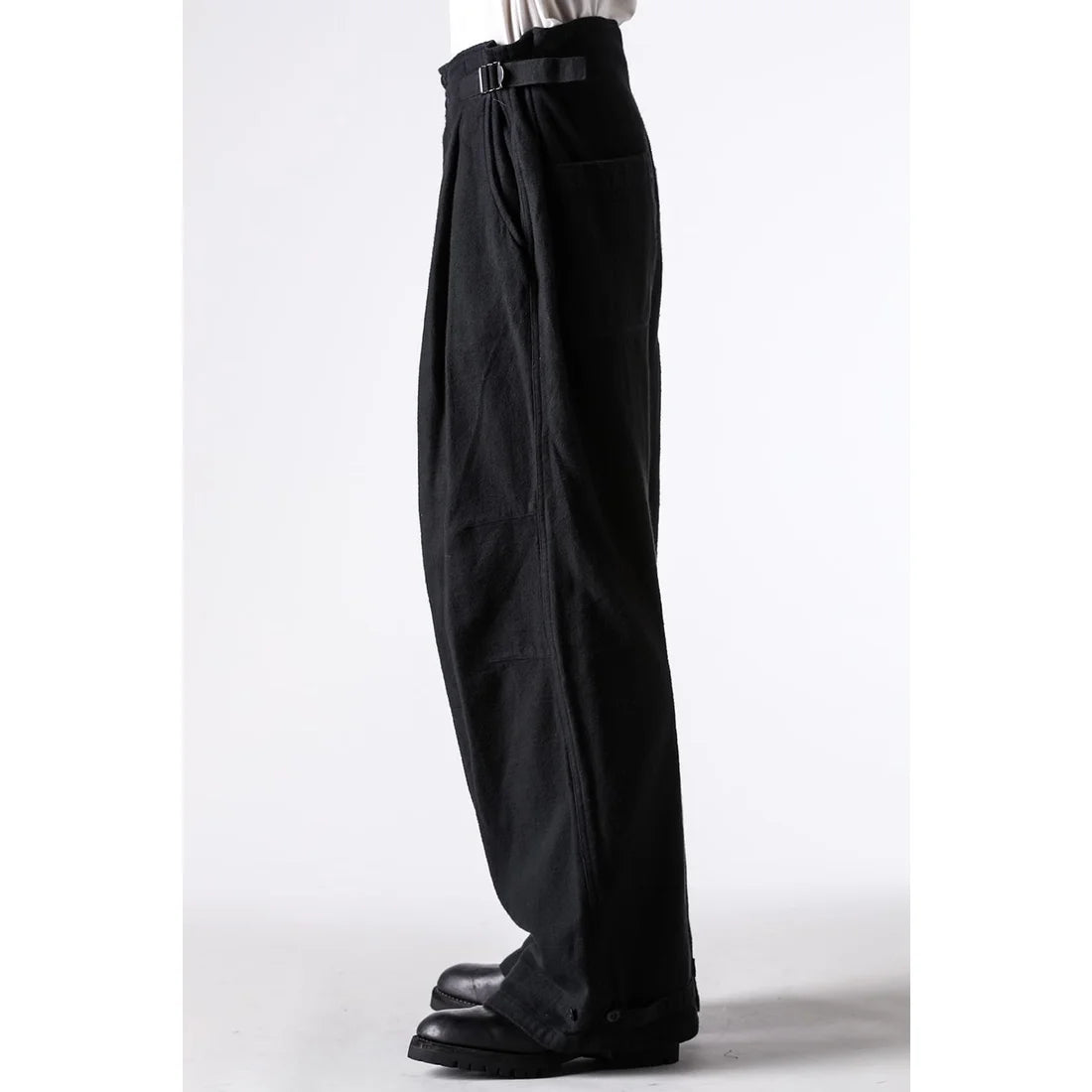 Black Brushed Cotton Twill Wide Leg Trousers