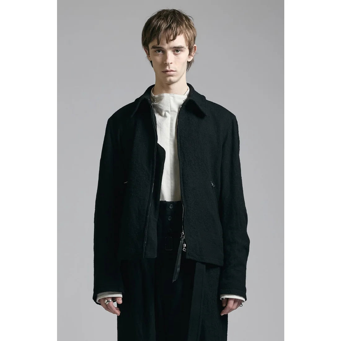 Grey Linen Wool Military Zip-Up Collar Jacket