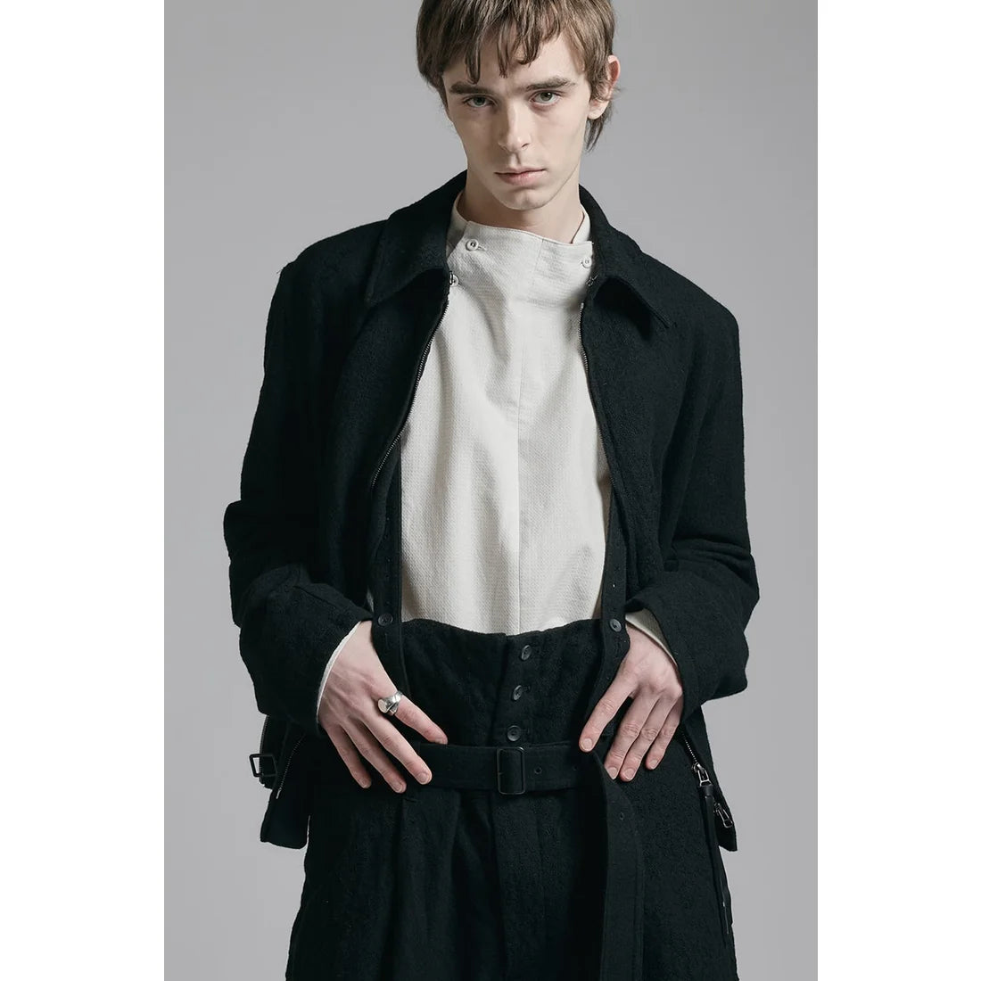 Grey Linen Wool Military Zip-Up Collar Jacket