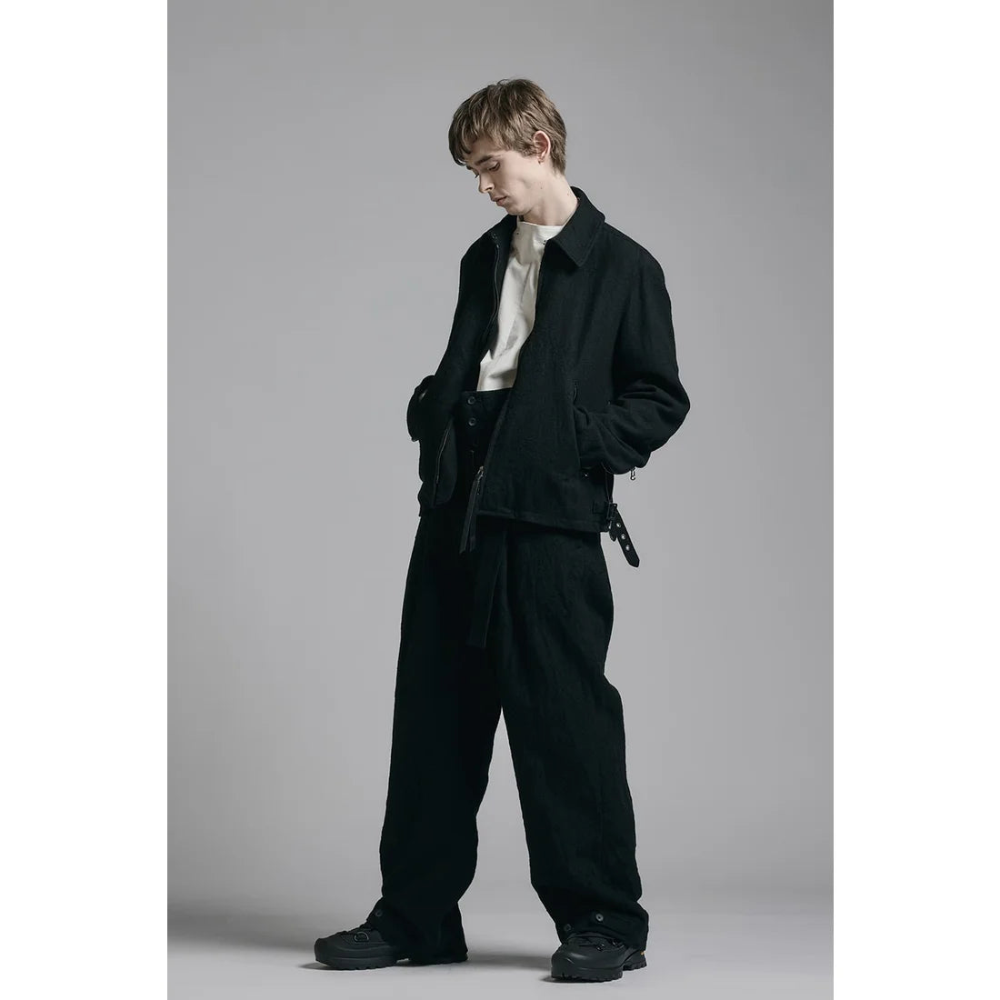 Grey Linen Wool Military Zip-Up Collar Jacket