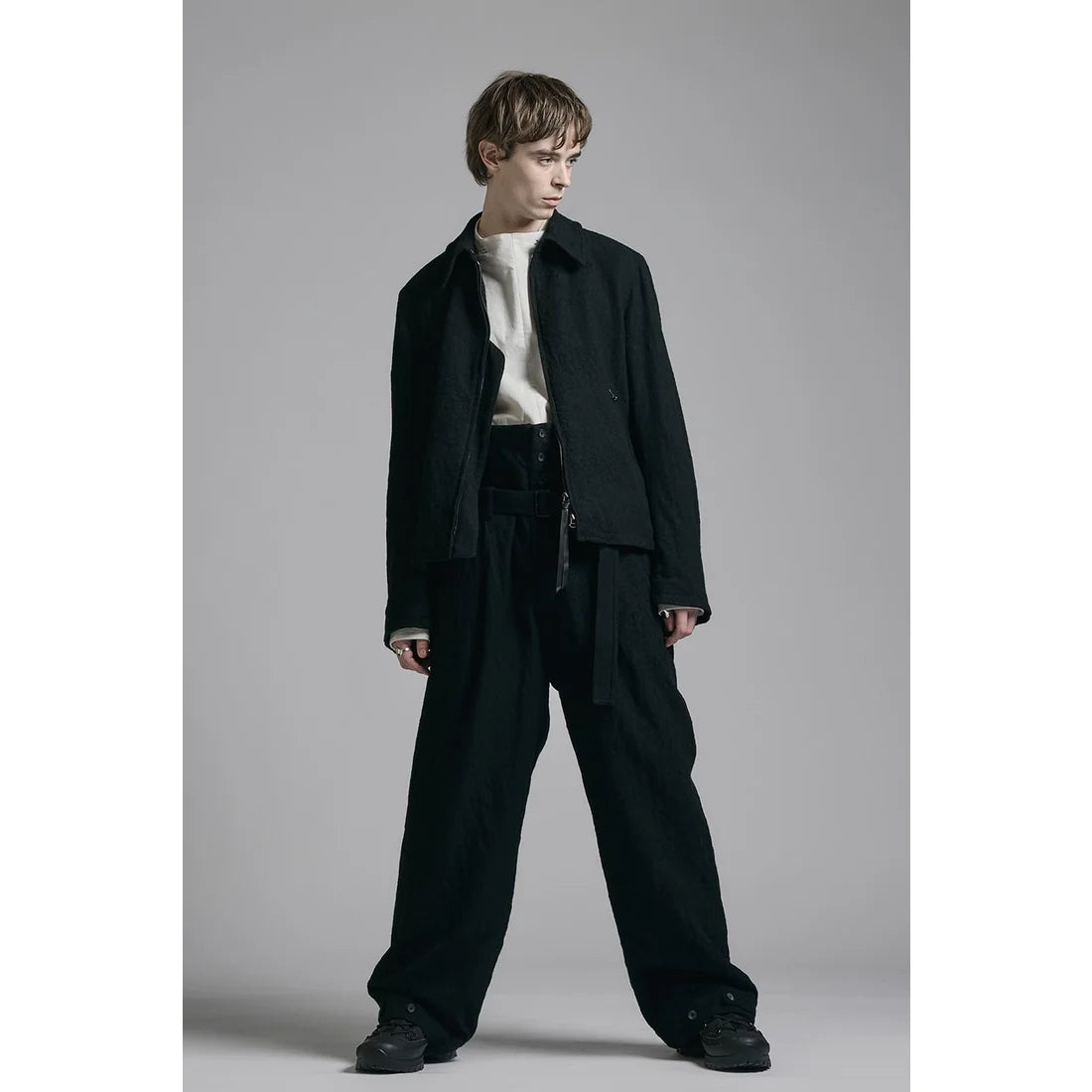 Grey Linen Wool Military Zip-Up Collar Jacket