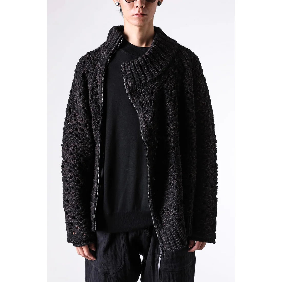 Black Brown Mix Mesh Cotton Wool Zip-Up Sweater