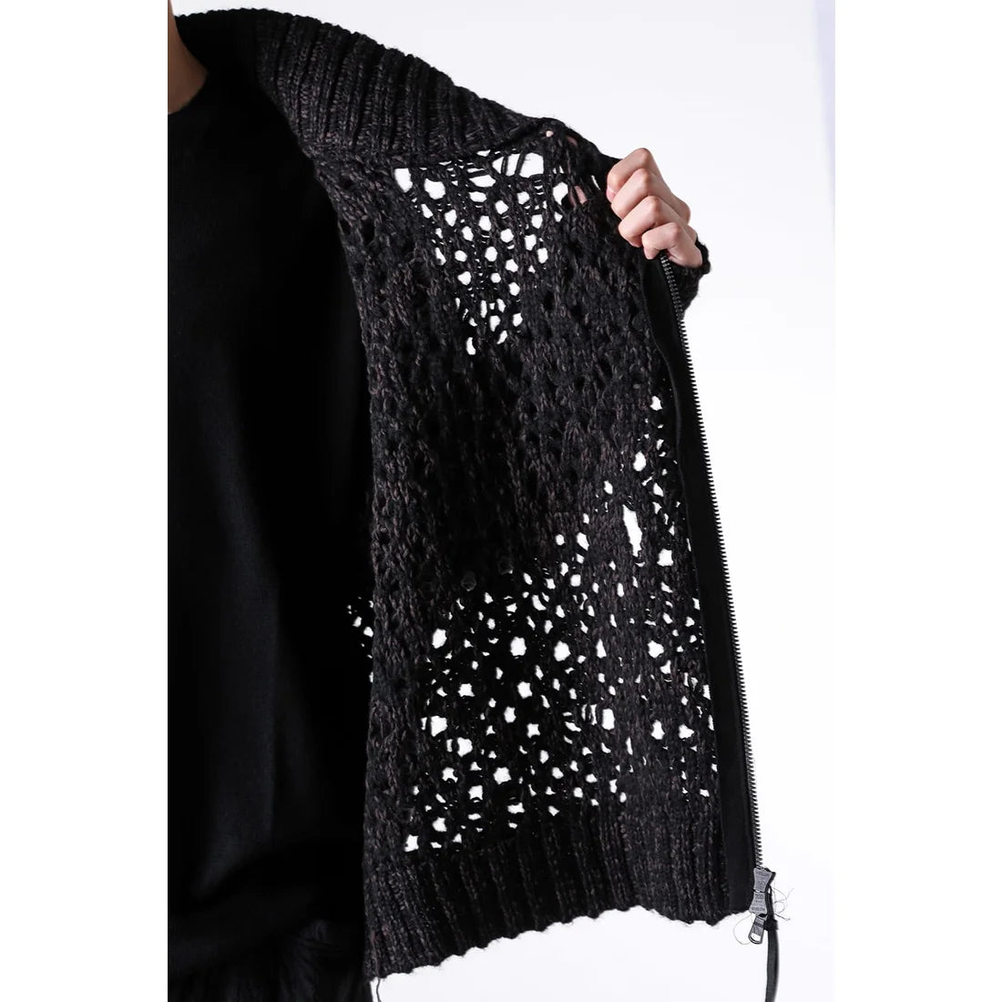 Black Brown Mix Mesh Cotton Wool Zip-Up Sweater