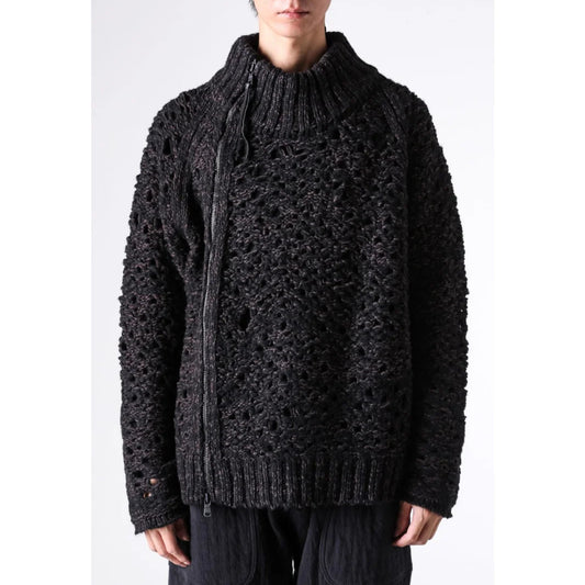Black Brown Mix Mesh Cotton Wool Zip-Up Sweater