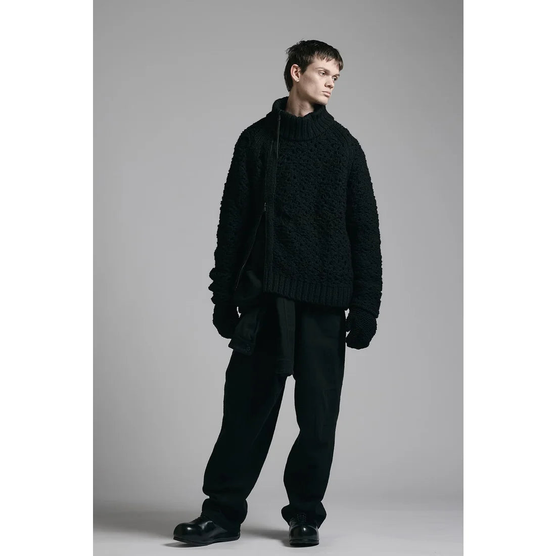 Black Brown Mix Mesh Cotton Wool Zip-Up Sweater