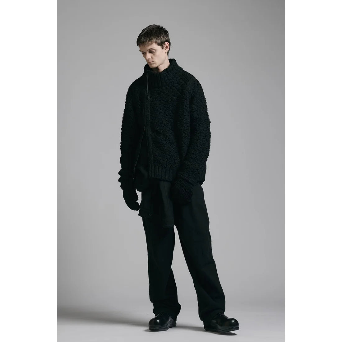 Black Brown Mix Mesh Cotton Wool Zip-Up Sweater