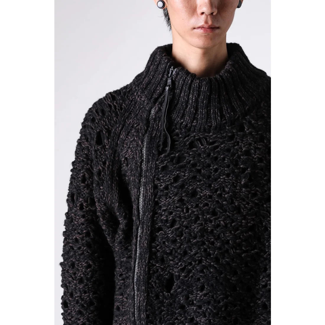 Black Brown Mix Mesh Cotton Wool Zip-Up Sweater