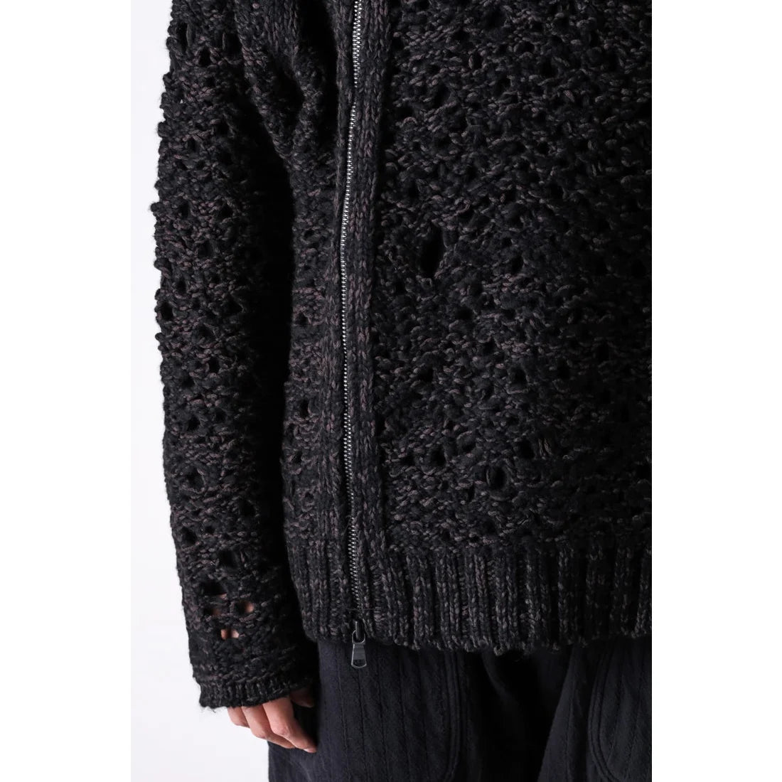 Black Brown Mix Mesh Cotton Wool Zip-Up Sweater