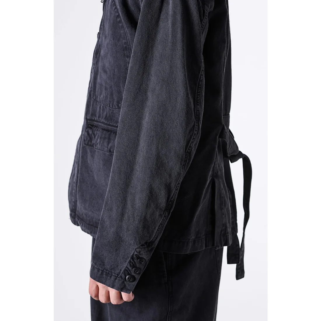 Black Cotton Twill 5 Button Collared Military Jacket