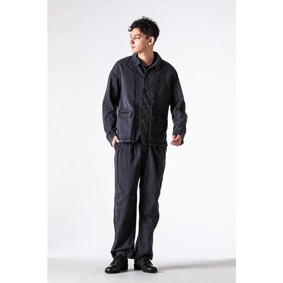 Black Cotton Twill 5 Button Collared Military Jacket