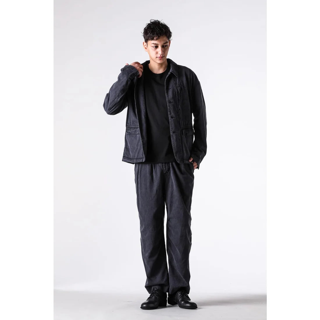 Black Cotton Twill 5 Button Collared Military Jacket
