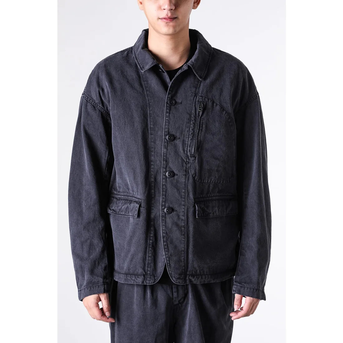 Black Cotton Twill 5 Button Collared Military Jacket
