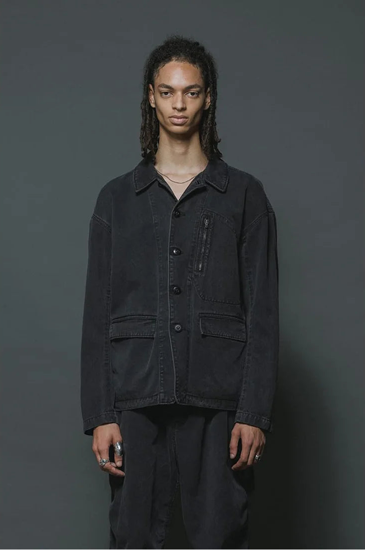 Black Cotton Twill 5 Button Collared Military Jacket