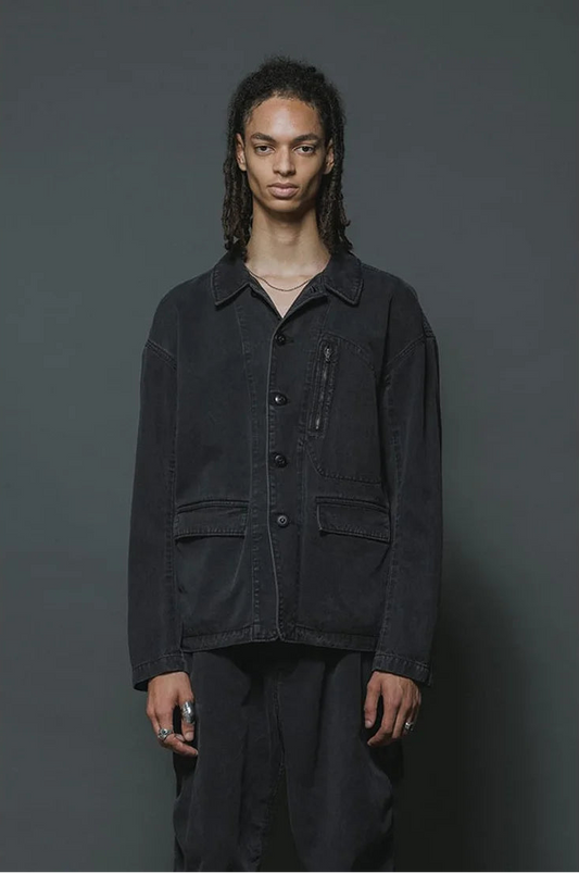 Black Cotton Twill 5 Button Collared Military Jacket