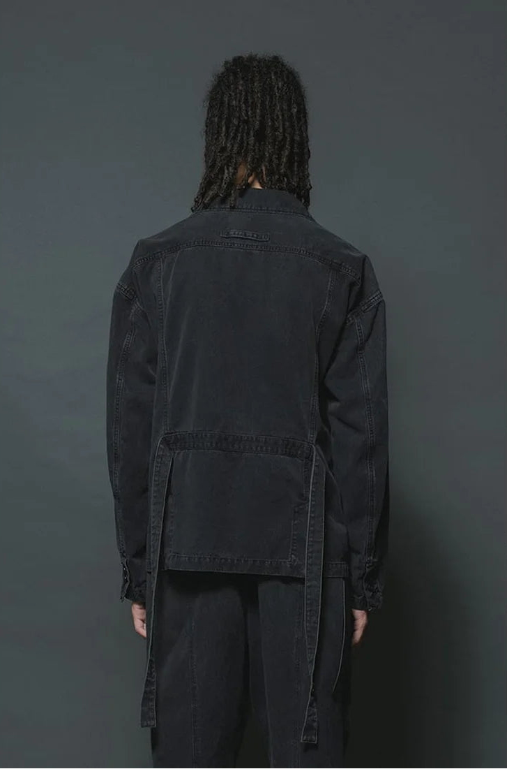 Black Cotton Twill 5 Button Collared Military Jacket