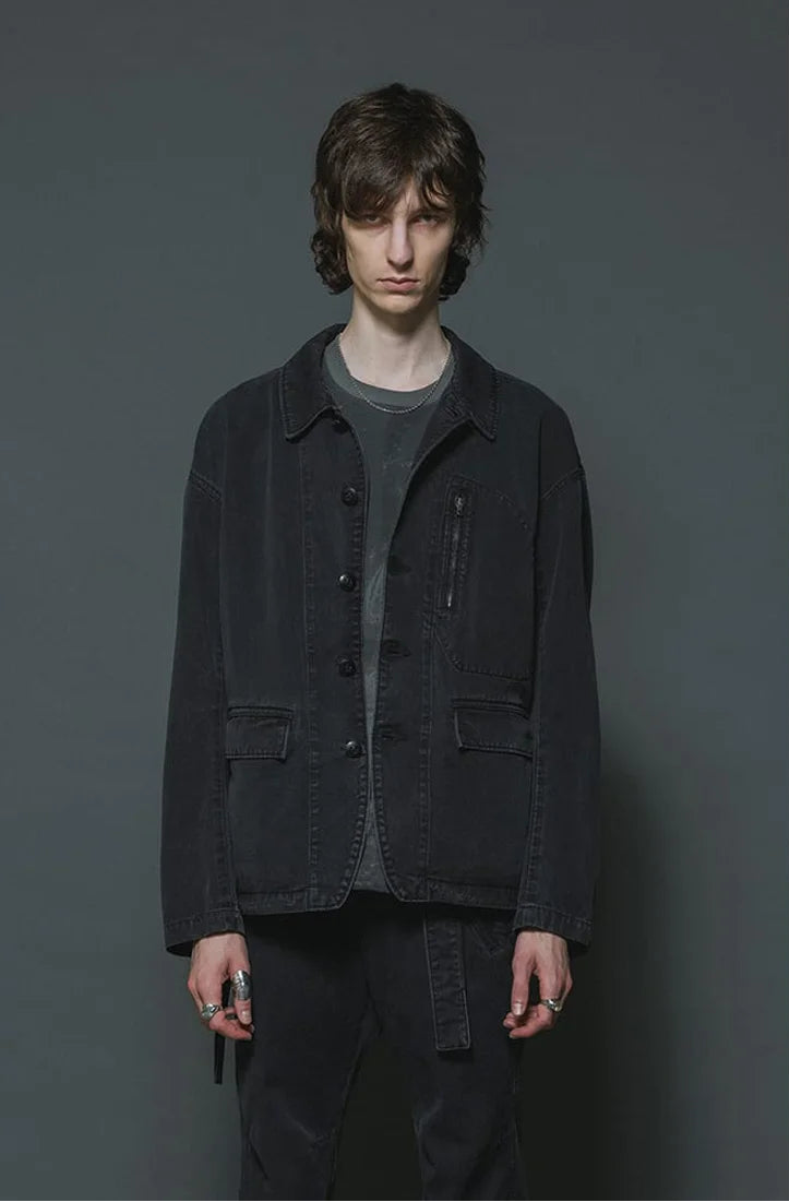 Black Cotton Twill 5 Button Collared Military Jacket