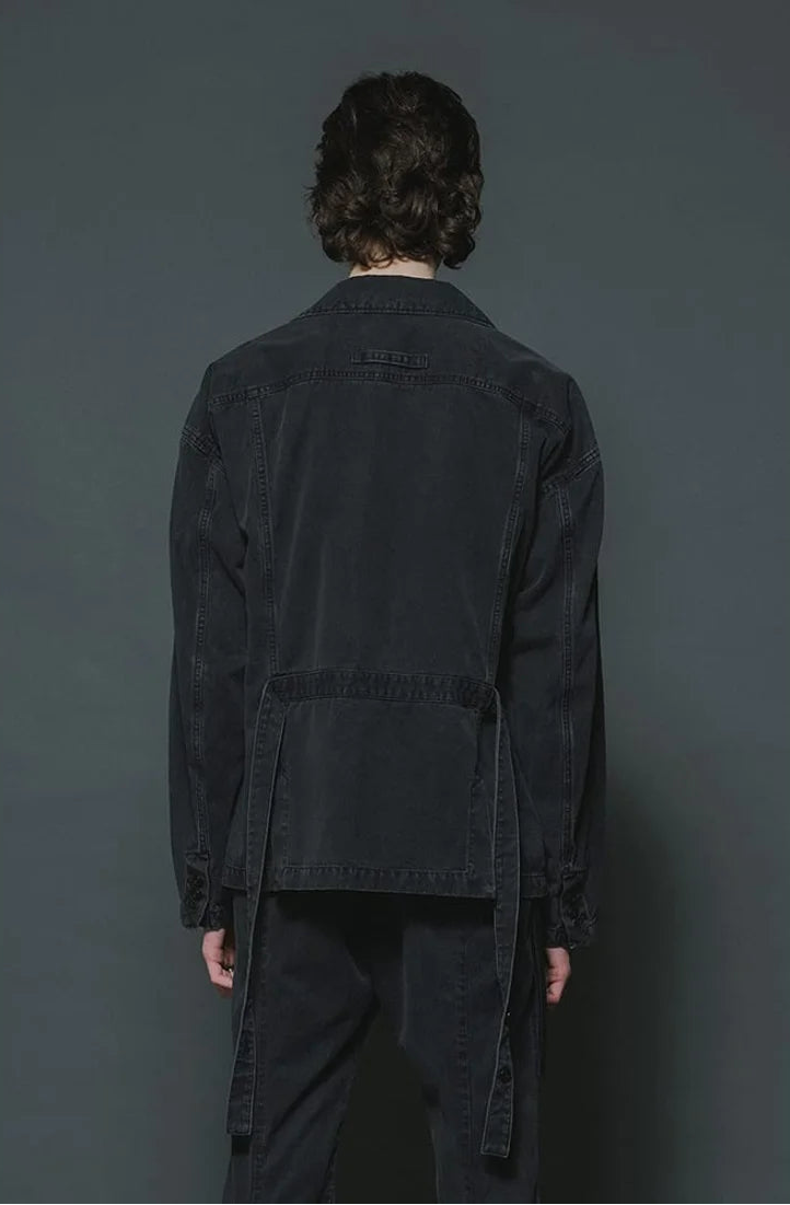 Black Cotton Twill 5 Button Collared Military Jacket