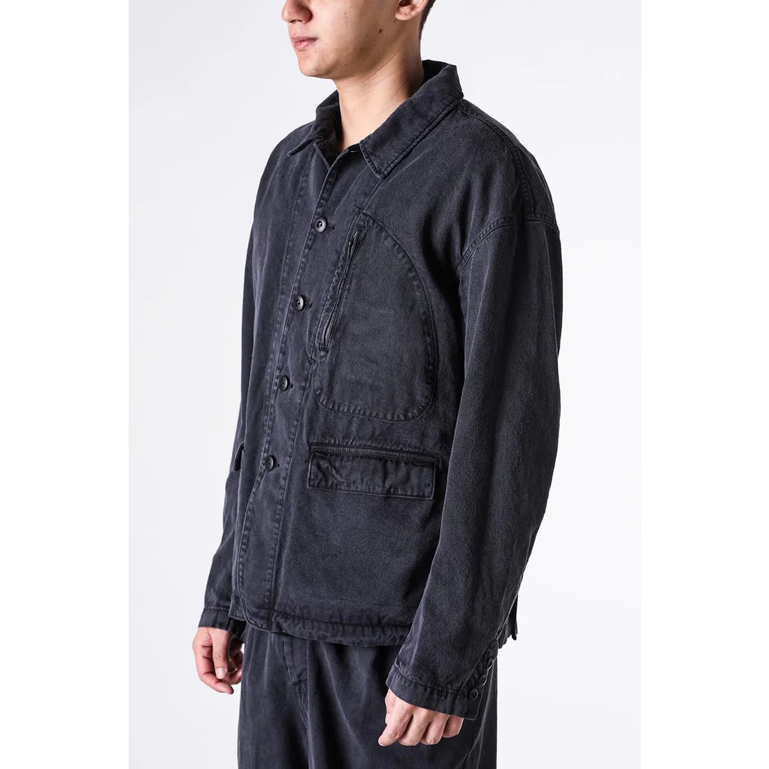 Black Cotton Twill 5 Button Collared Military Jacket