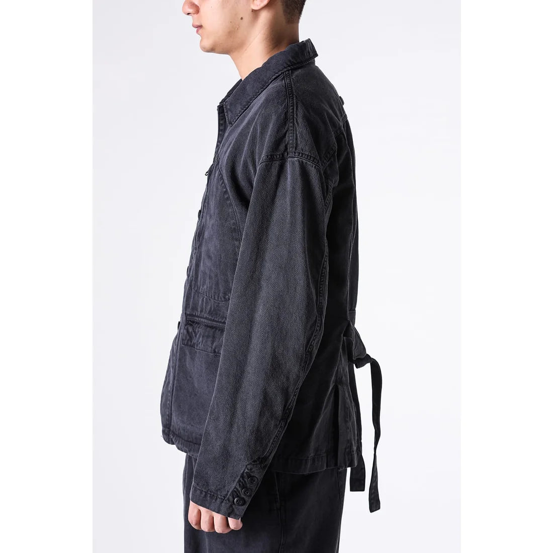 Black Cotton Twill 5 Button Collared Military Jacket