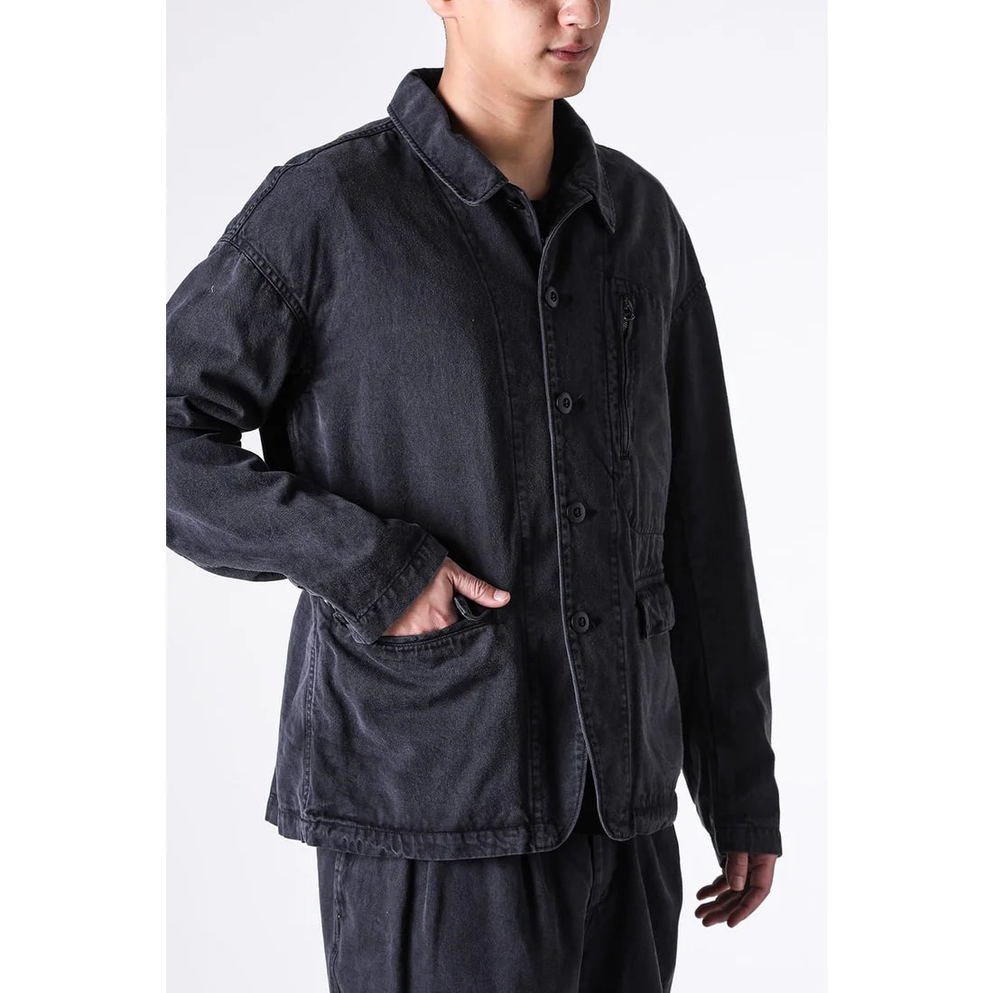 Black Cotton Twill 5 Button Collared Military Jacket