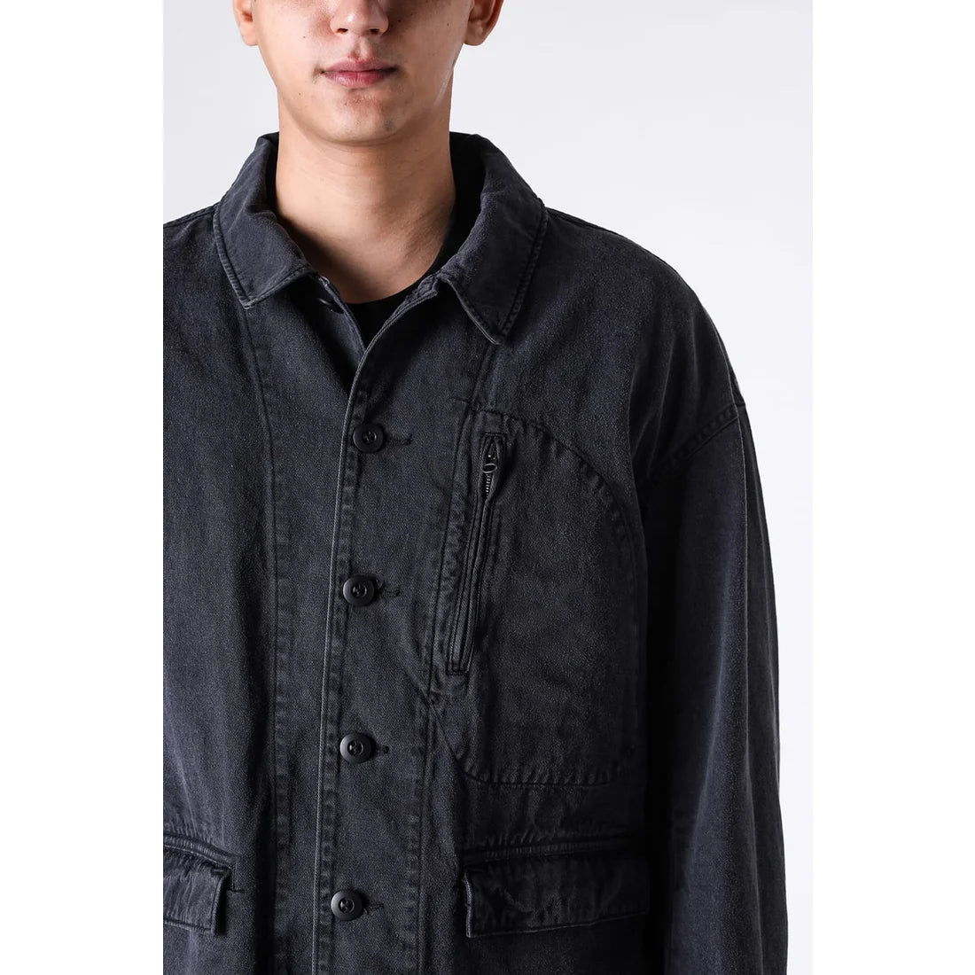 Black Cotton Twill 5 Button Collared Military Jacket