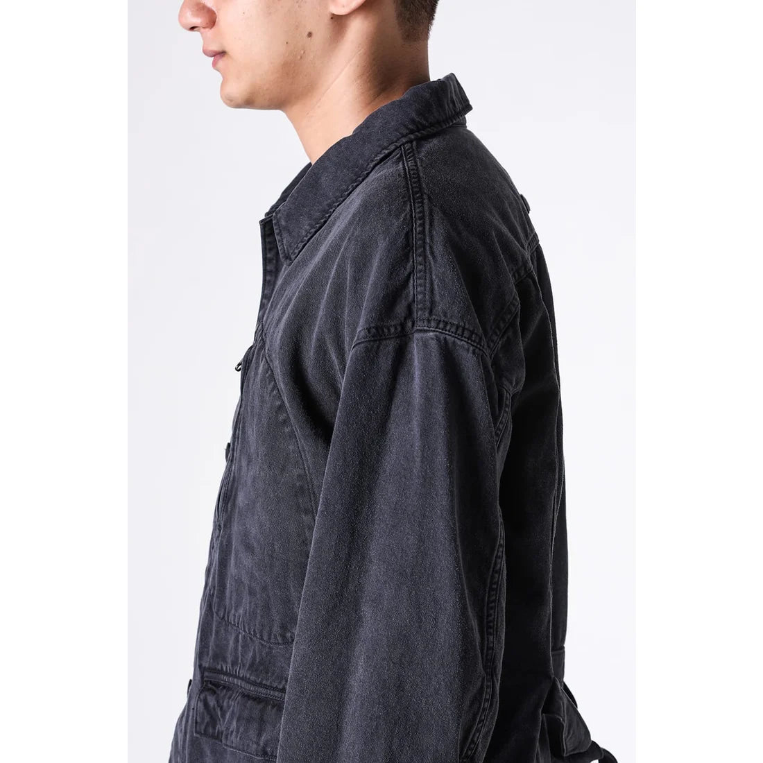 Black Cotton Twill 5 Button Collared Military Jacket