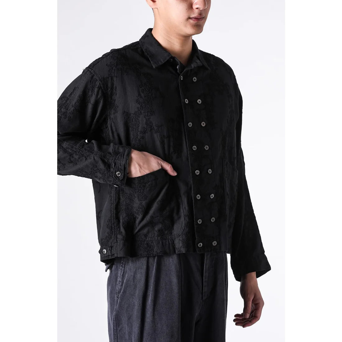 Black Embroidered L/S Double Buttons Big Pocket OverShirt