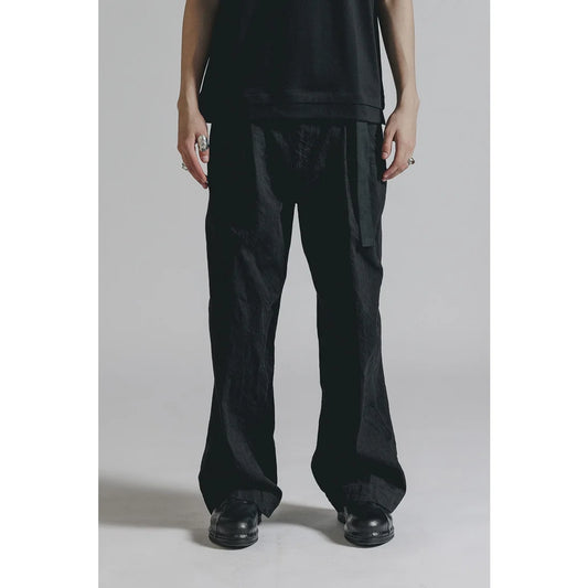BLACK DENIM BELTED WIDE PANTS