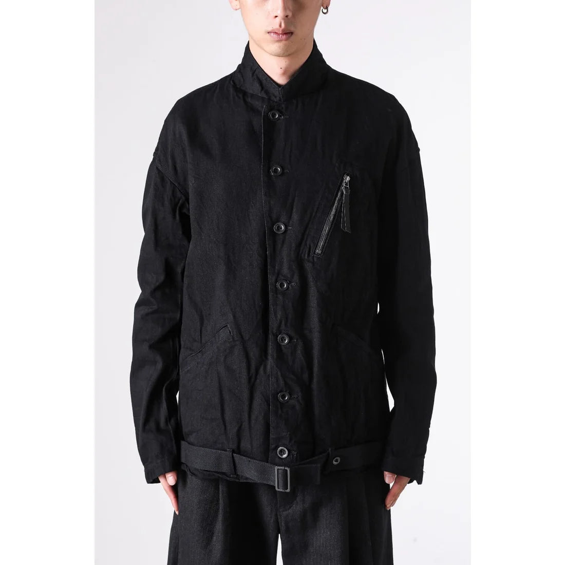 BLACK DENIM BELTED CROPPED JACKET