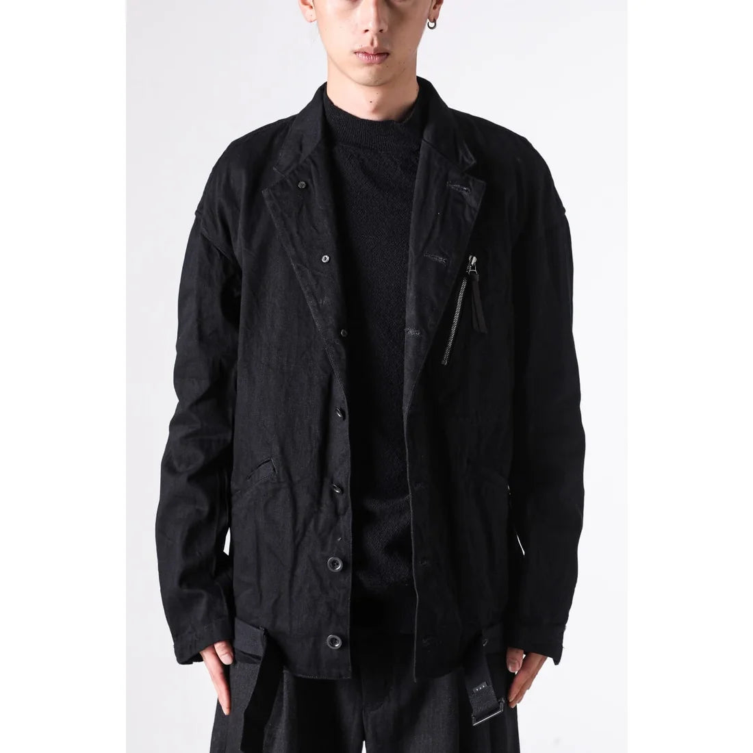 BLACK DENIM BELTED CROPPED JACKET