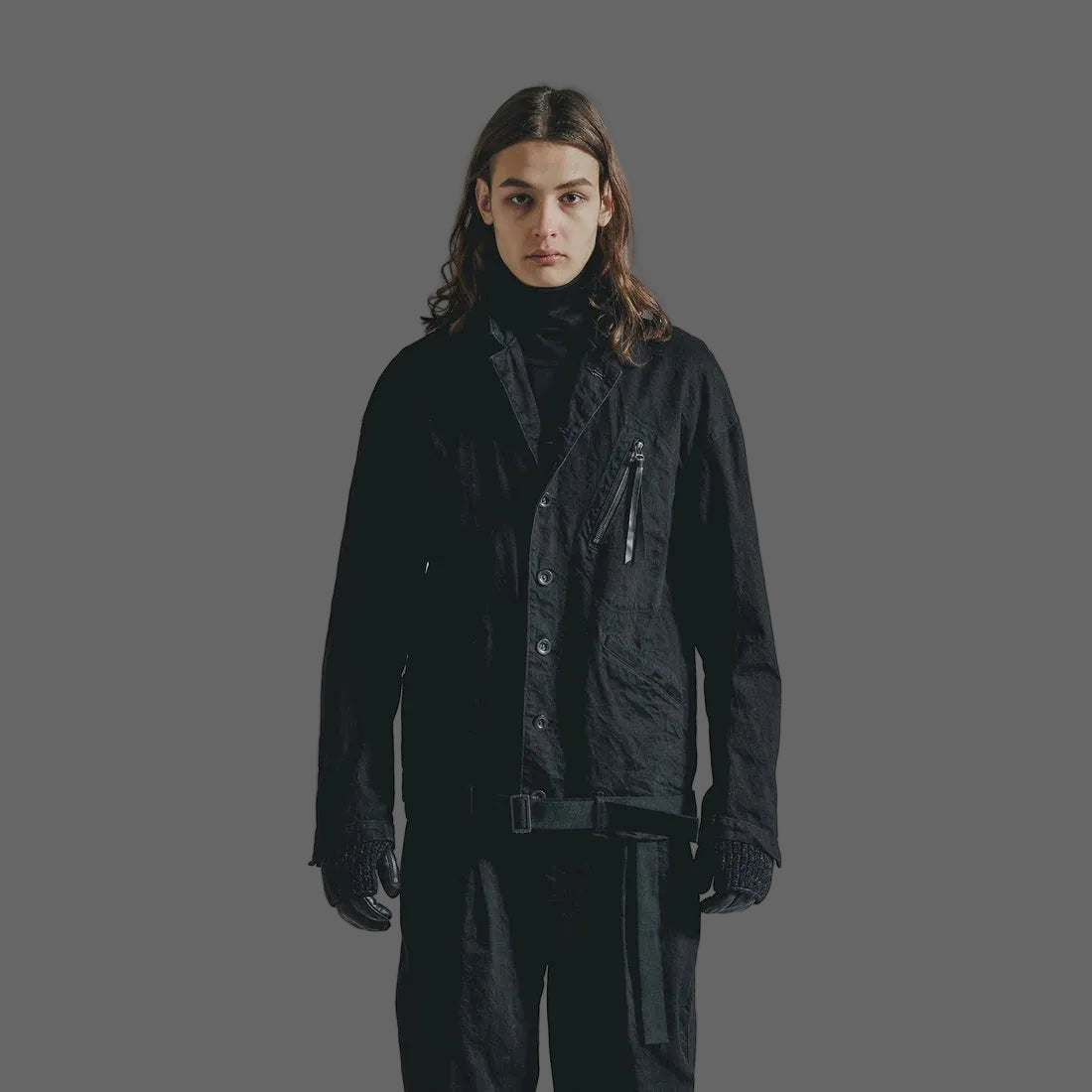 BLACK DENIM BELTED CROPPED JACKET