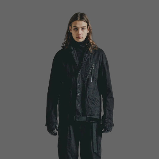 BLACK DENIM BELTED CROPPED JACKET
