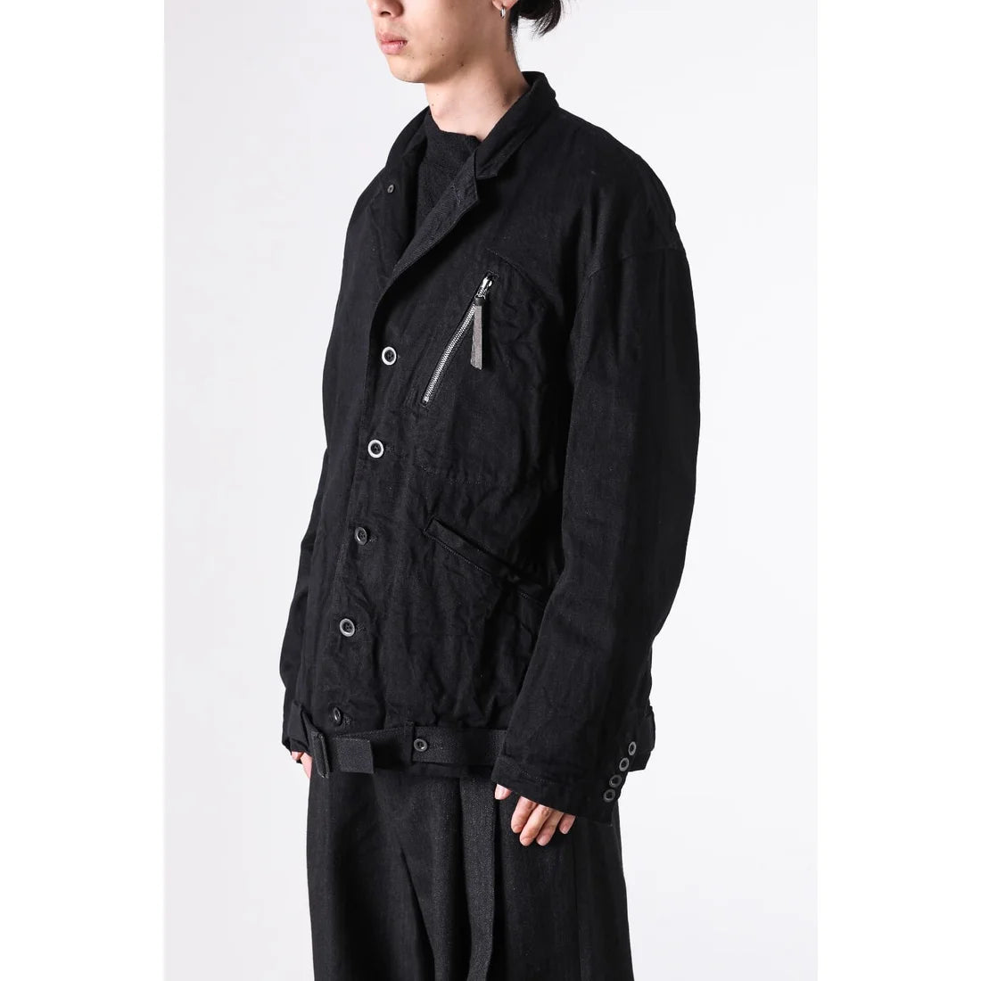 BLACK DENIM BELTED CROPPED JACKET